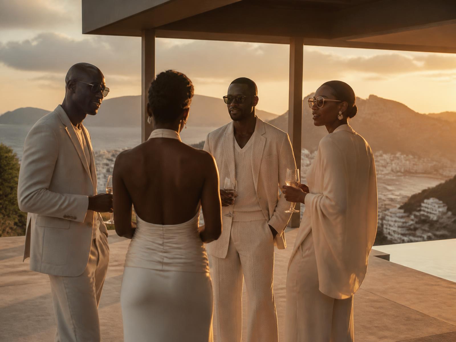 Elegant Black community gathered at a modernist luxury destination overlooking the sea at golden hour